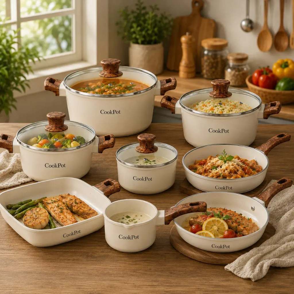 Zestaw garnków CookPot w kuchni z przygotowanymi daniami