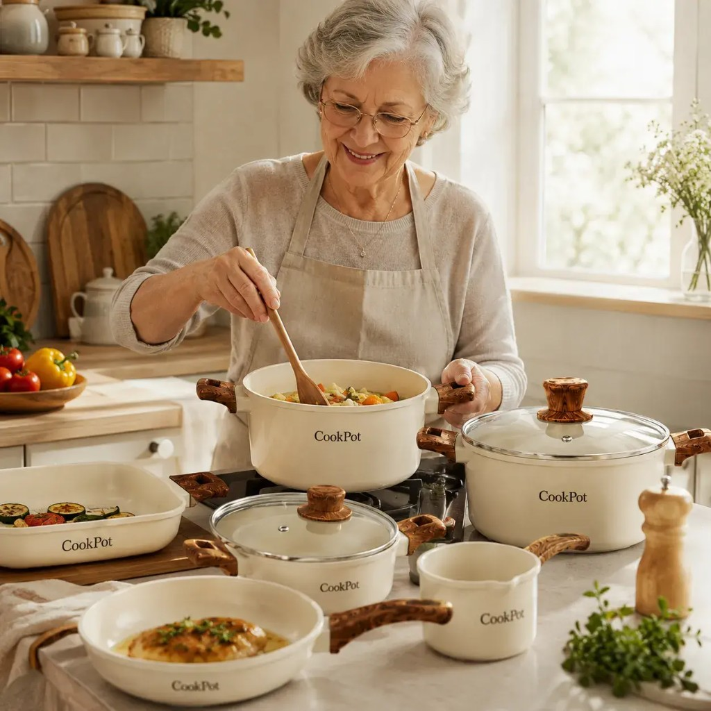 Kobieta gotująca w domu z garnkami CookPot